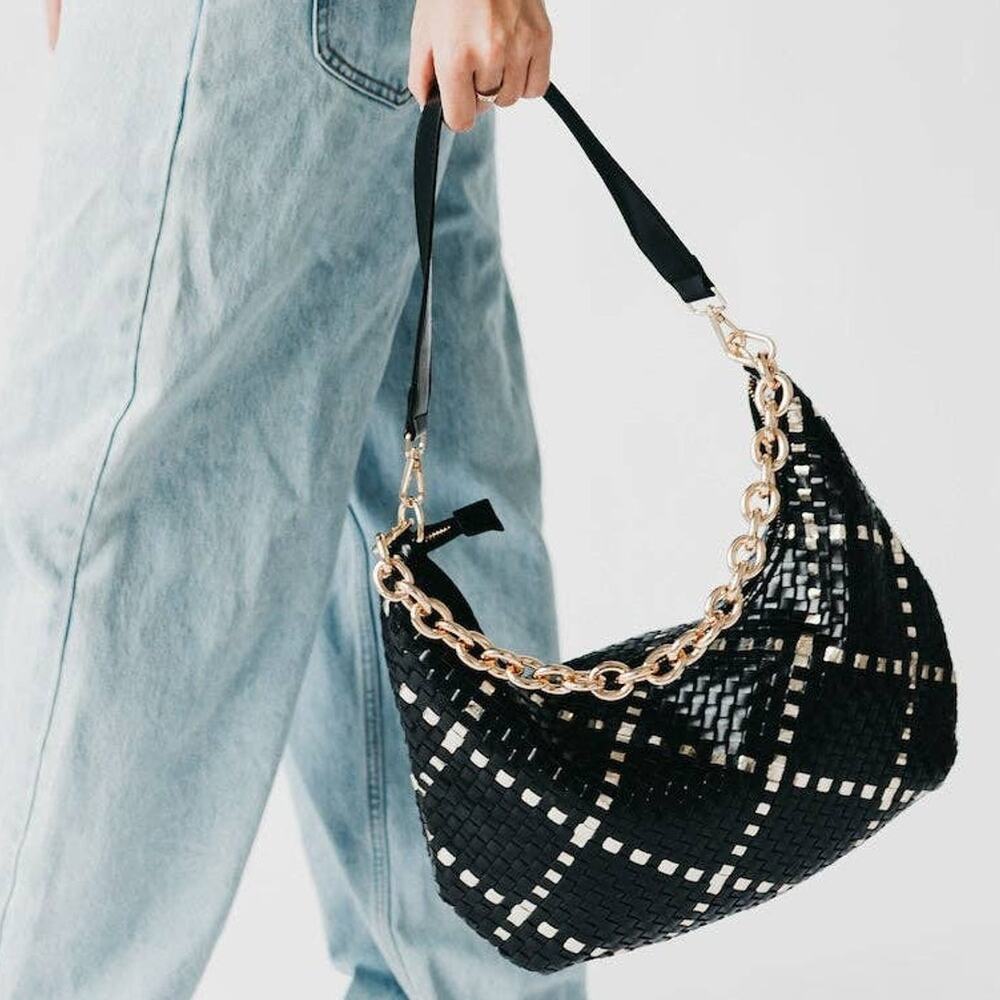 Sienna Slouchy Woven Shoulder Bag – Gold Metallic Diamond Black